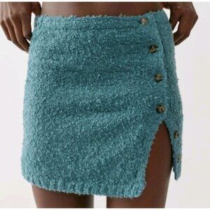 NWT Urban Outfitters Mini Skirt Aster Fuzzy Knit Buttons Blue Gray  Sz Large UO
